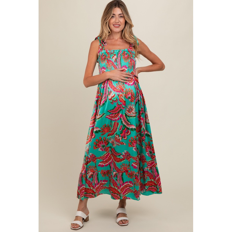 Turquoise Printed Smocked Bodice Maternity Maxi Dress