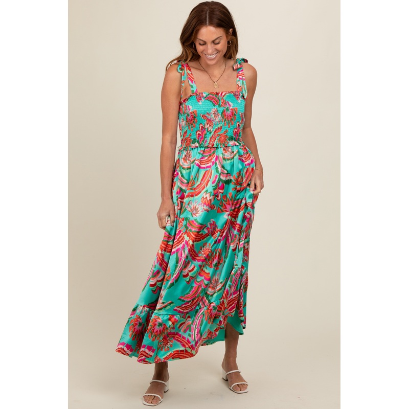 Turquoise Printed Smocked Bodice Maxi Dress