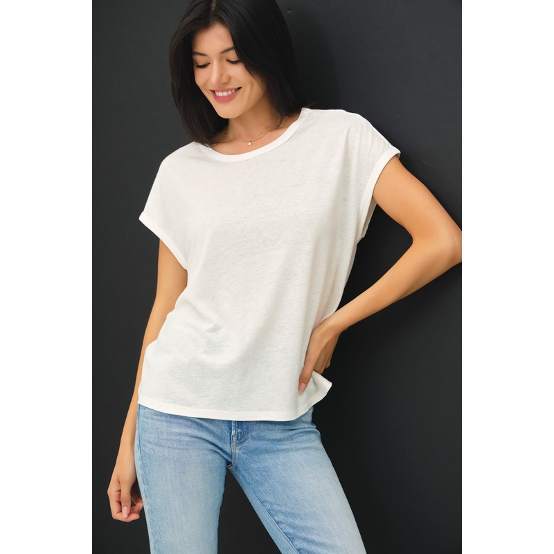 White Linen Blend Short Sleeve Tee