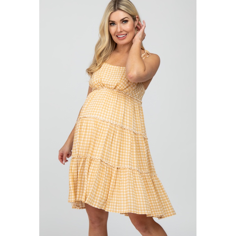 Yellow Plaid Tiered Maternity Dress