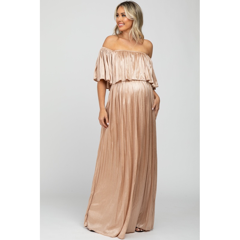 Beige Shimmer Off Shoulder Pleated Maternity Maxi Dress