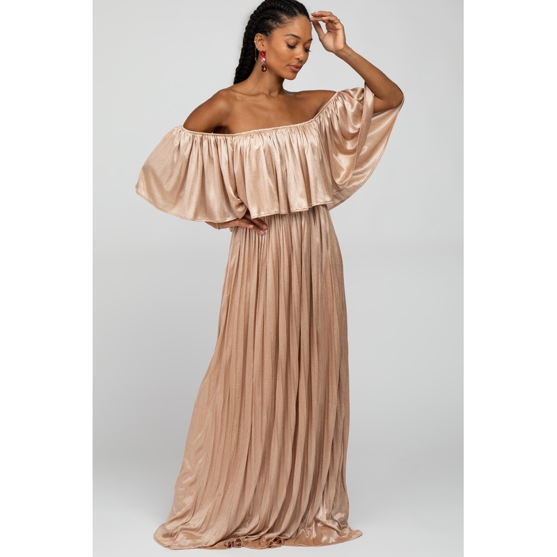 Beige Shimmer Off Shoulder Pleated Maxi Dress