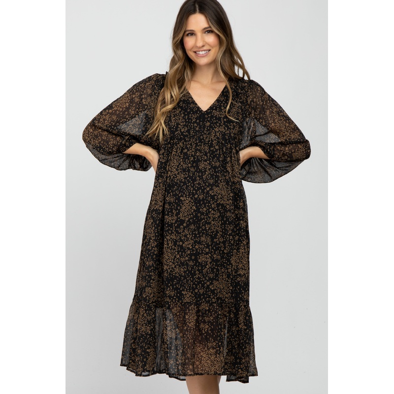 Black Ditsy Floral Smocked Accent Maternity Midi Dress