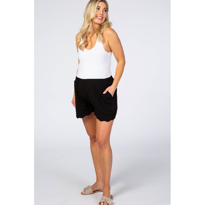 Black Scalloped Hem Linen Maternity Shorts