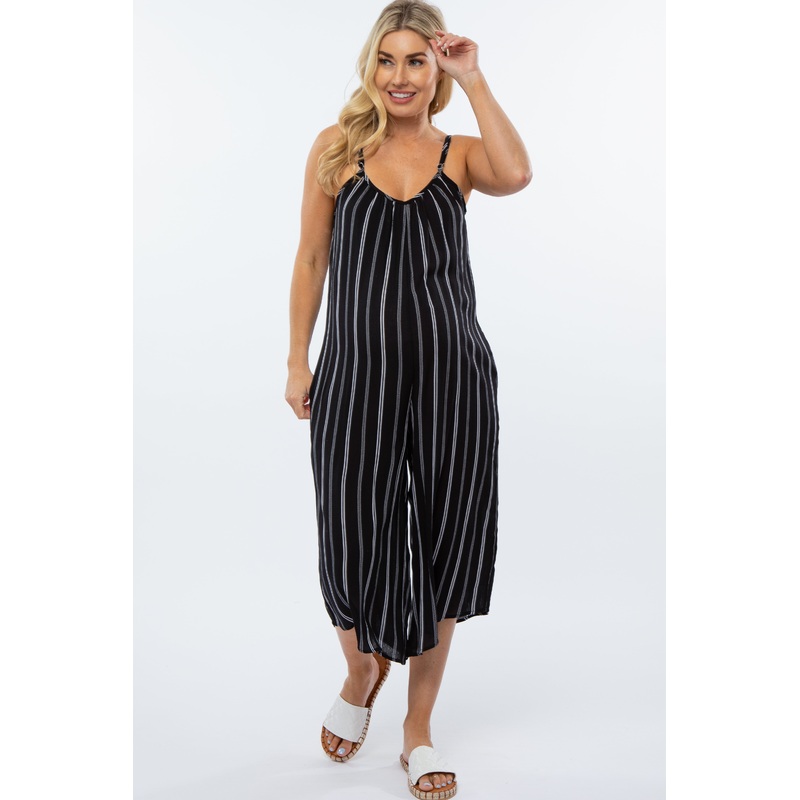 Black Striped Crop Maternity Jumpsuit