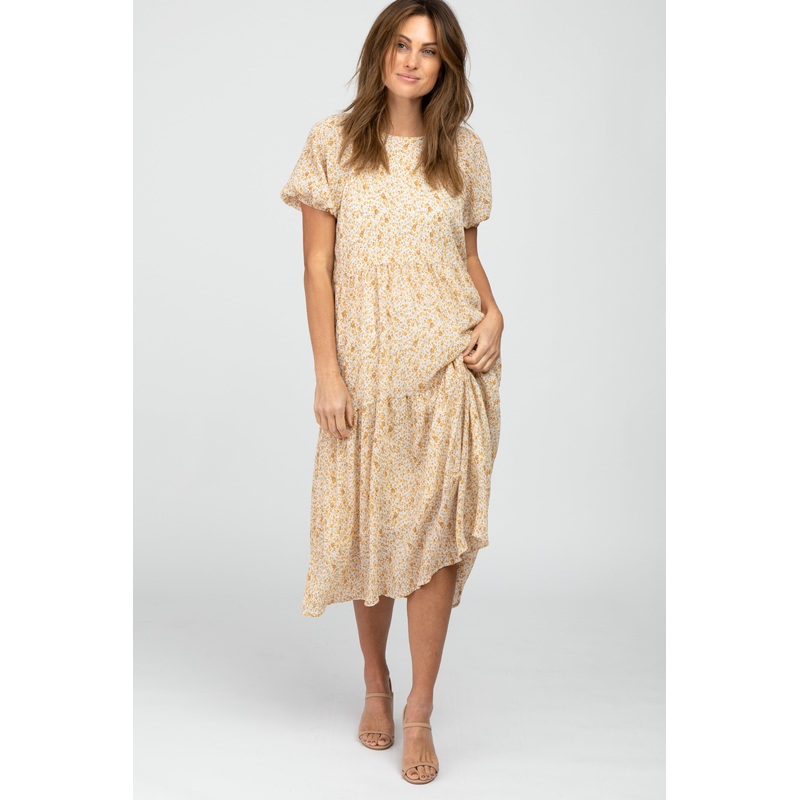 Yellow Floral Chiffon Puff Sleeve Tiered Midi Dress