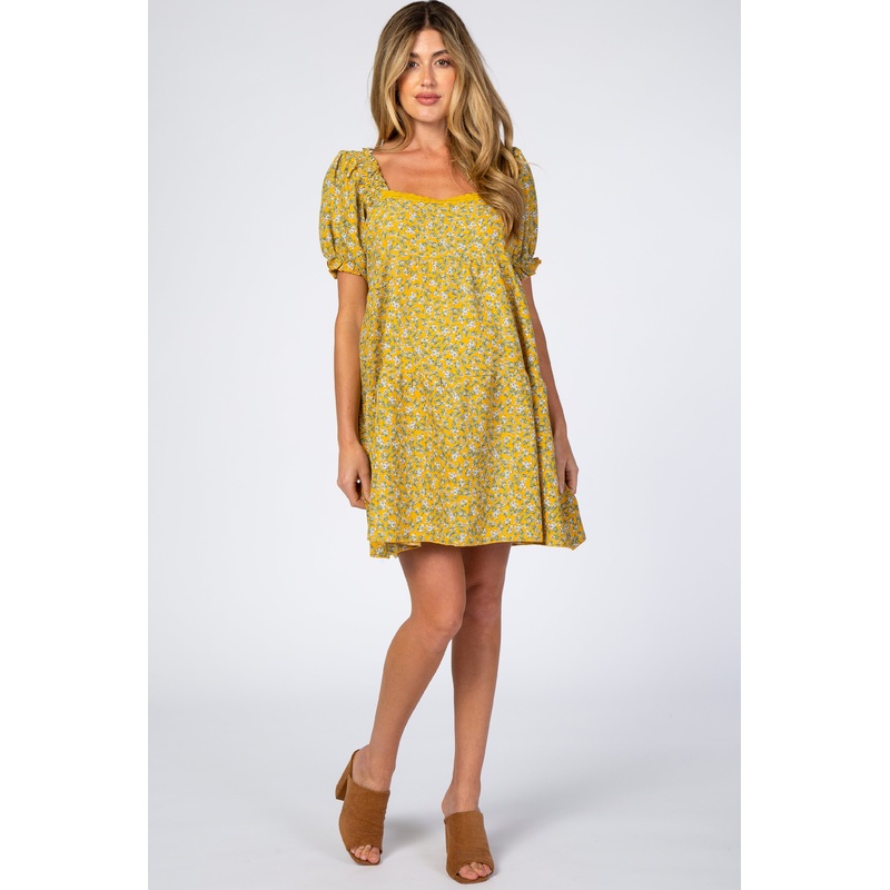 Yellow Floral Lace Trim Square Neck Maternity Dress