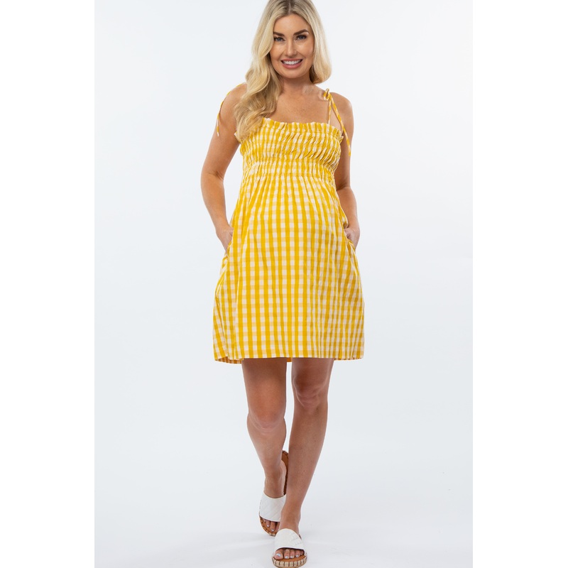 Yellow Gingham Smocked Maternity Dress