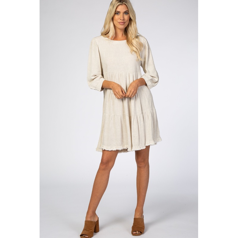 Beige 3/4 Sleeve Pleated Tier Fringe Hem Dress