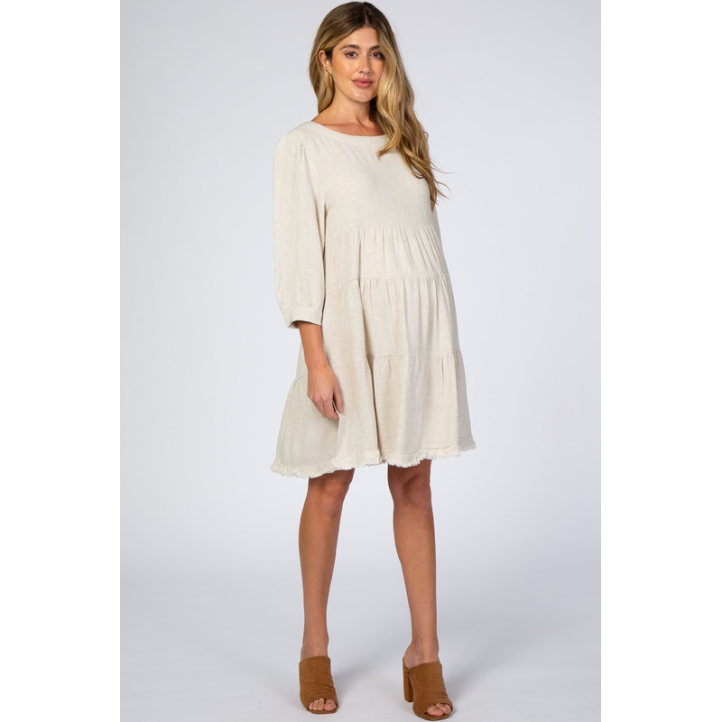 Beige 3/4 Sleeve Pleated Tier Fringe Hem Maternity Dress