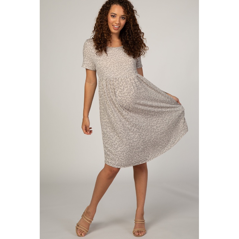 Beige Animal Print Empire Waist Maternity Dress