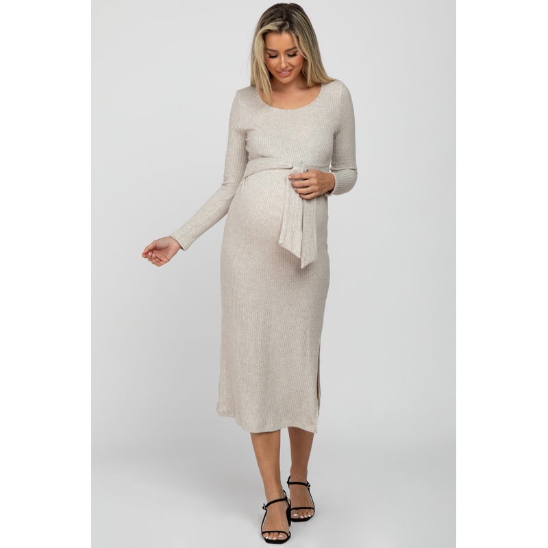 Beige Ribbed Knit Tie Front Maternity Midi Dress