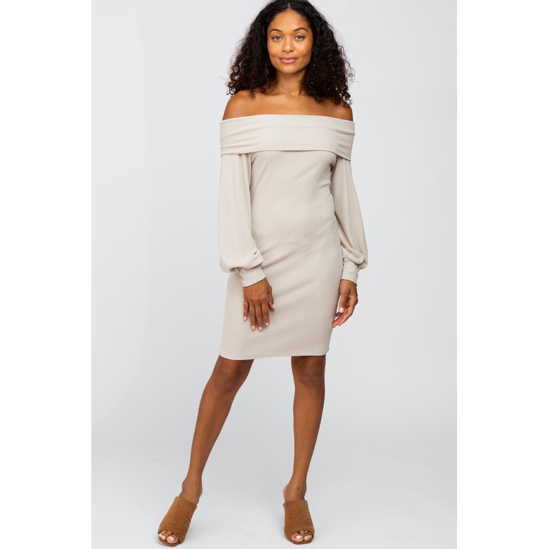 Beige Ribbed Off Shoulder Puff Sleeve Dress