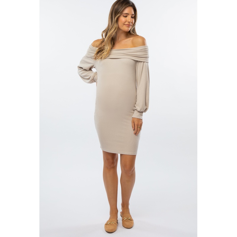 Beige Ribbed Off Shoulder Puff Sleeve Maternity Dress