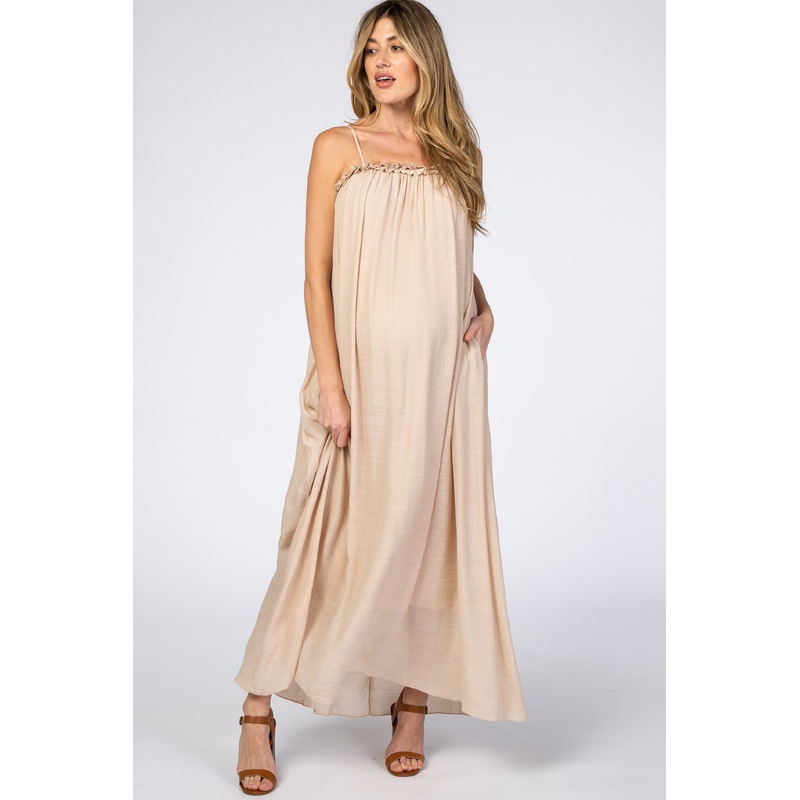 Beige Ruffle Linen Maternity Maxi Dress