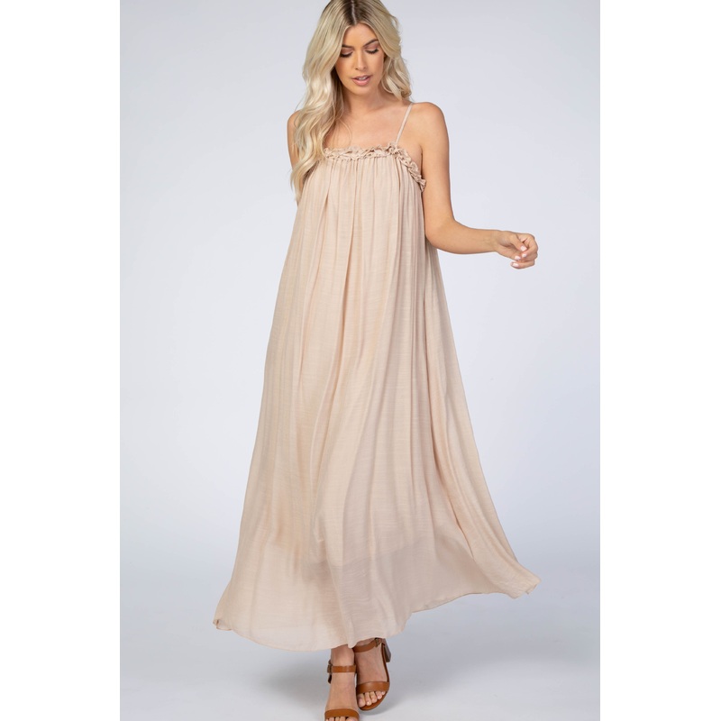 Beige Ruffle Linen Maxi Dress