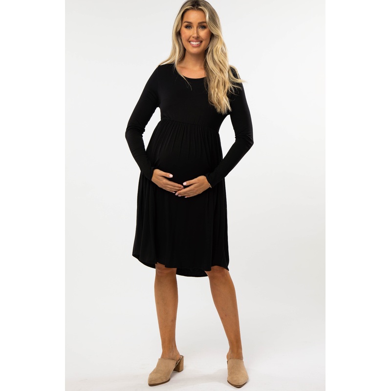 Black 3/4 Sleeve Babydoll Maternity Dress