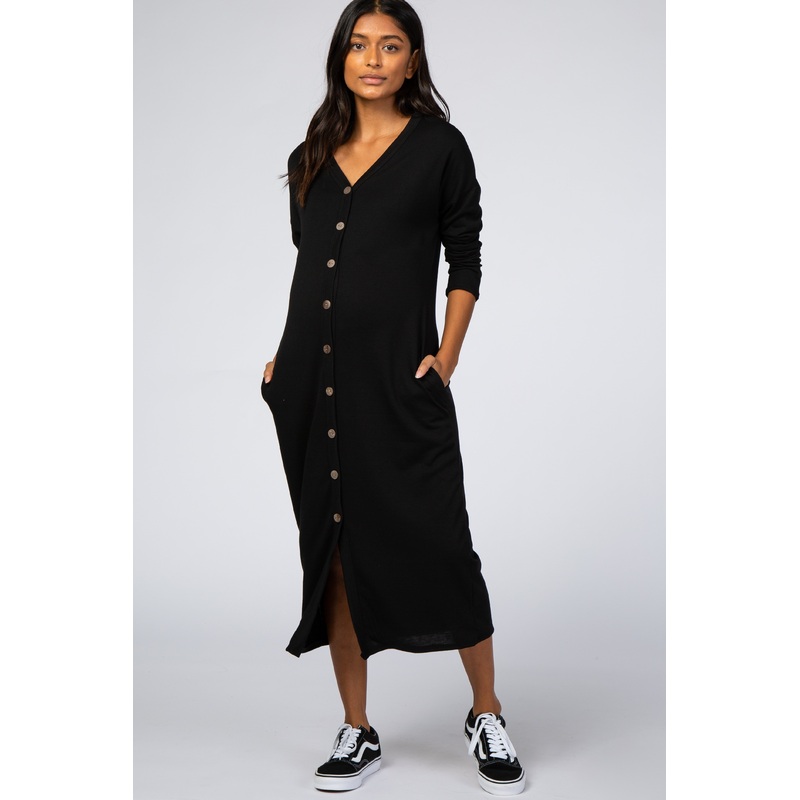 Black Button Down Long Sleeve Maternity Midi Dress