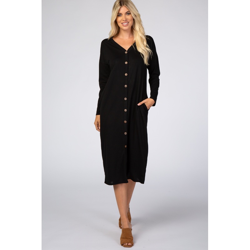 Black Button Down Long Sleeve Midi Dress