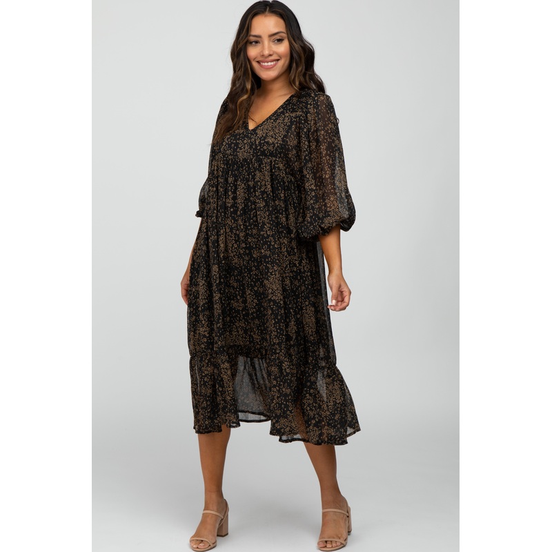 Black Ditsy Floral Smocked Accent Midi Dress