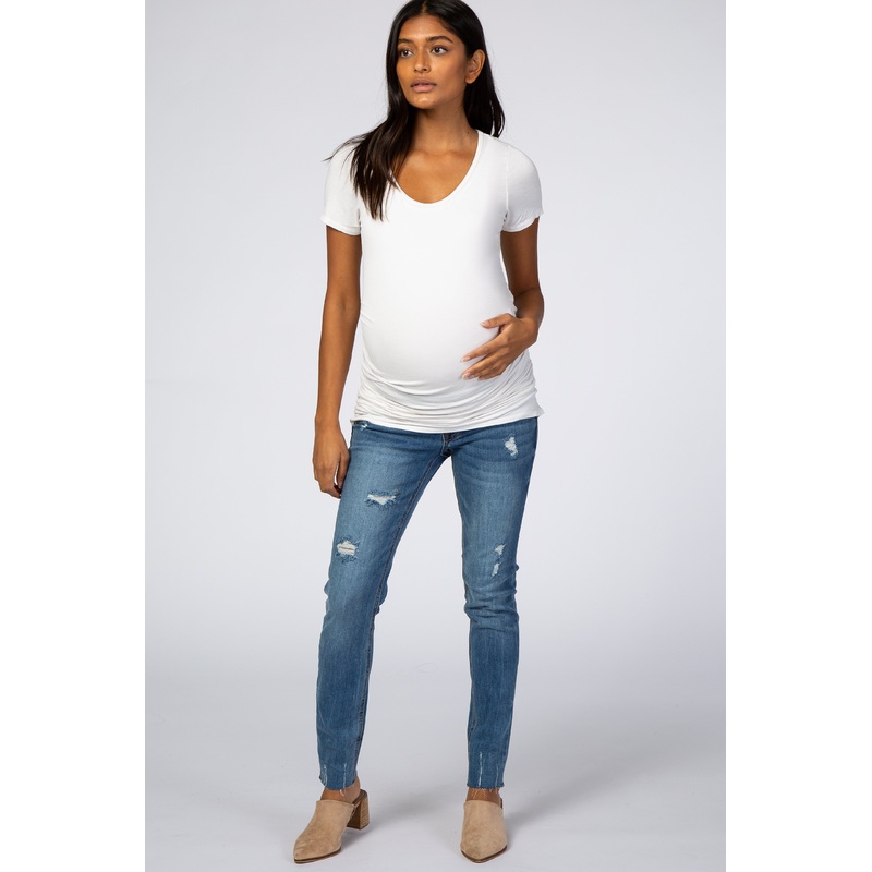 Blue Distressed Raw Hem Maternity Skinny Jeans