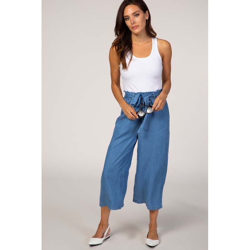 Blue Paper Bag Waist Cropped Pants