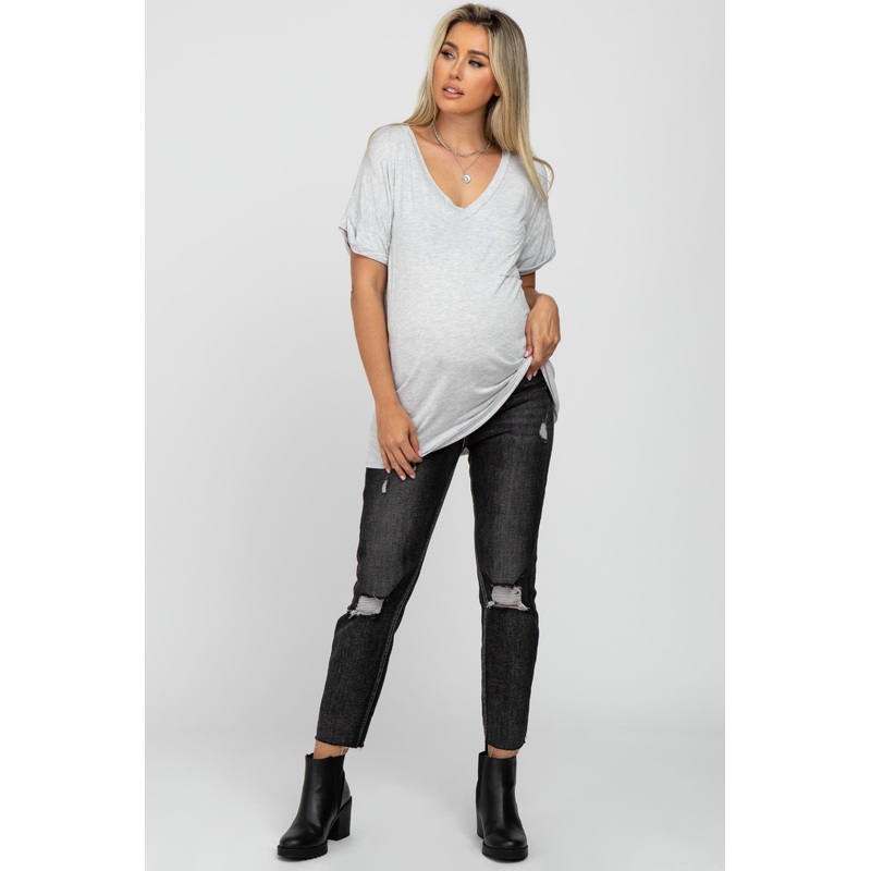Faded Black Distressed Crop Maternity Jeans