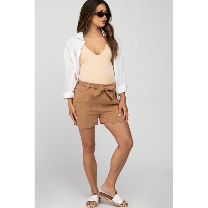 Mocha Front Tie Maternity Shorts