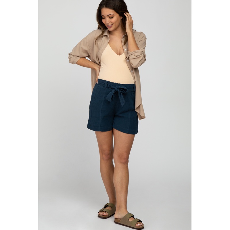 Navy Blue Front Tie Maternity Shorts