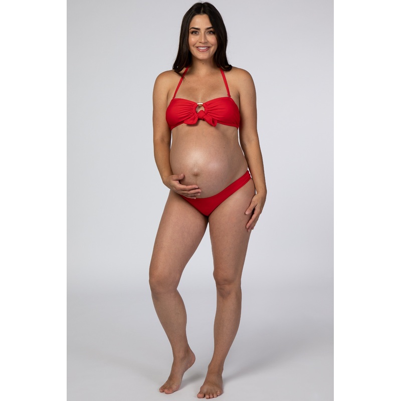 Red Halter Front Tied Circle Cutout Bikini Maternity Set