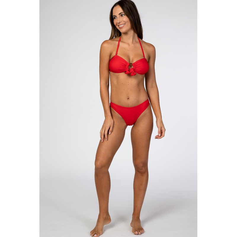 Red Halter Front Tied Circle Cutout Bikini Set