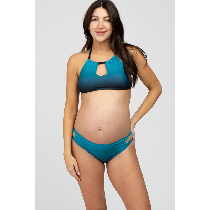 Teal Ombre Keyhole Front Halter Two-Piece Maternity Bikini Set
