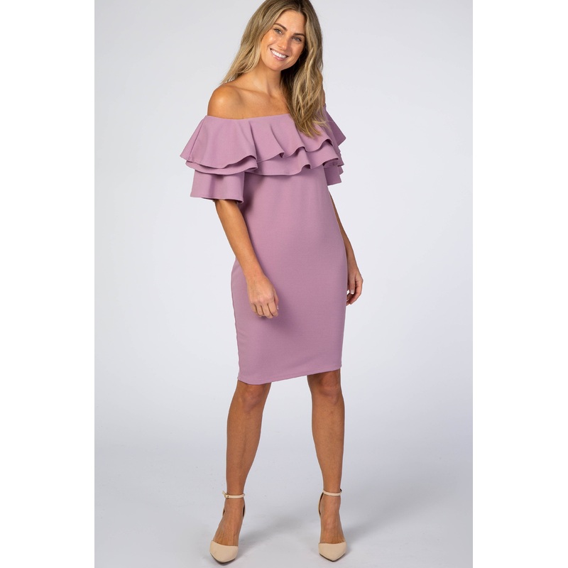 Violet Layered Ruffle Off Shoulder Fitted Dress