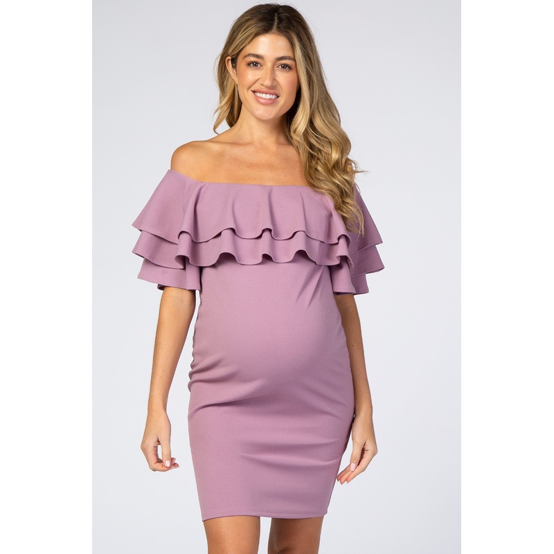 Violet Layered Ruffle Off Shoulder Fitted Maternity Dress