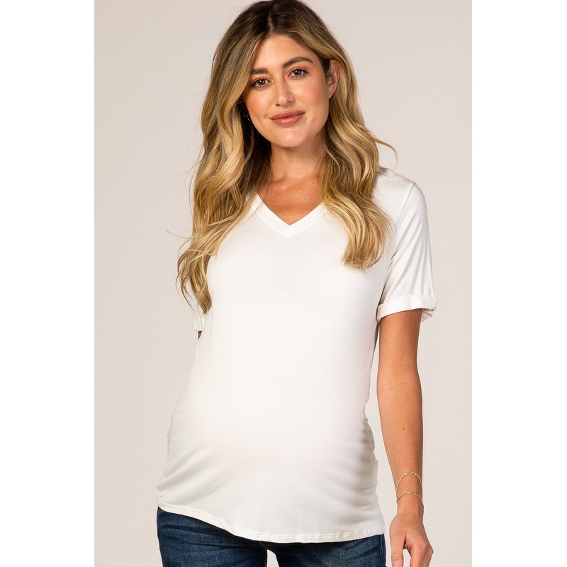 White V-Neck Cuff Sleeve Maternity Top