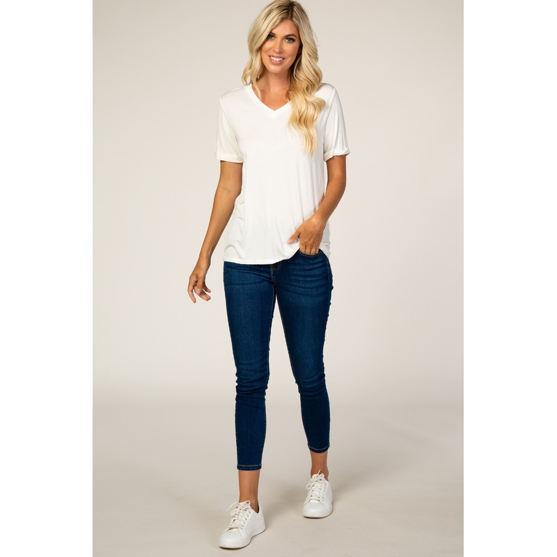 White V-Neck Cuff Sleeve Top