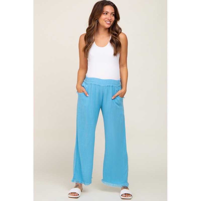 Aqua Blue Linen Frayed Hem Crop Maternity Pants