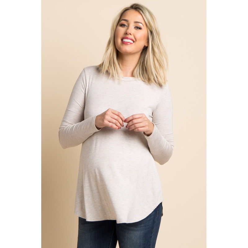 Beige Basic Long Sleeve Maternity Top