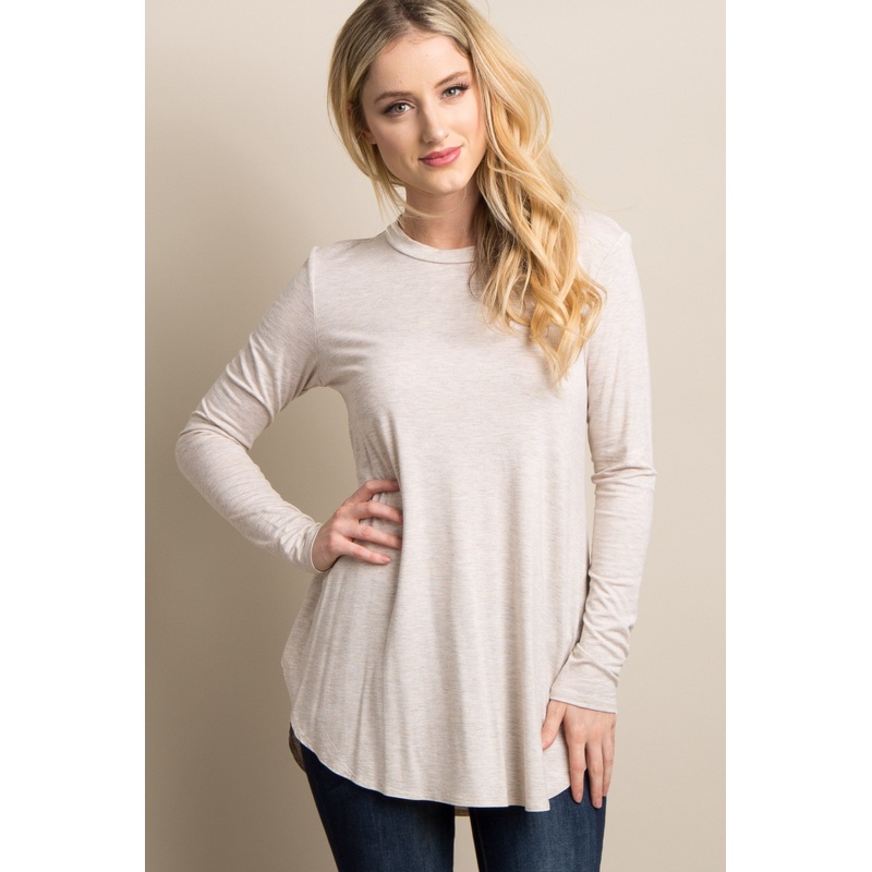 Beige Basic Solid Long Sleeve Top