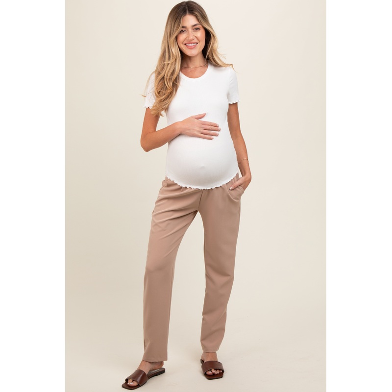 Beige Pleated Relax Fit Maternity Pants