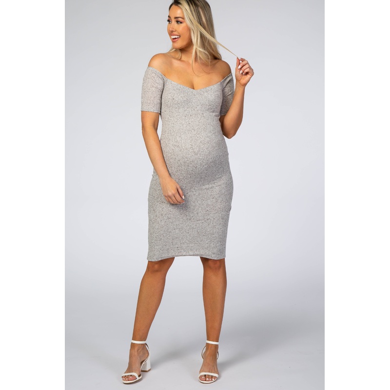 Beige Ribbed Fitted Off Shoulder Maternity Dress