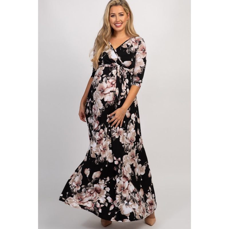 Black Abstract Floral Sash Tie Maternity/Nursing Maxi Dress