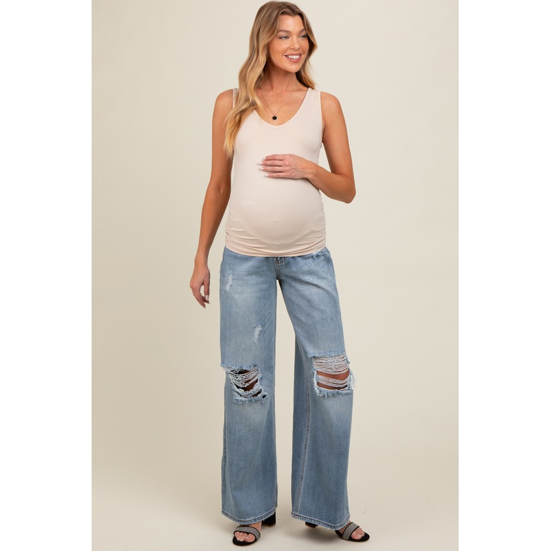 Blue Distressed Knee Super Wide Leg Maternity Jeans