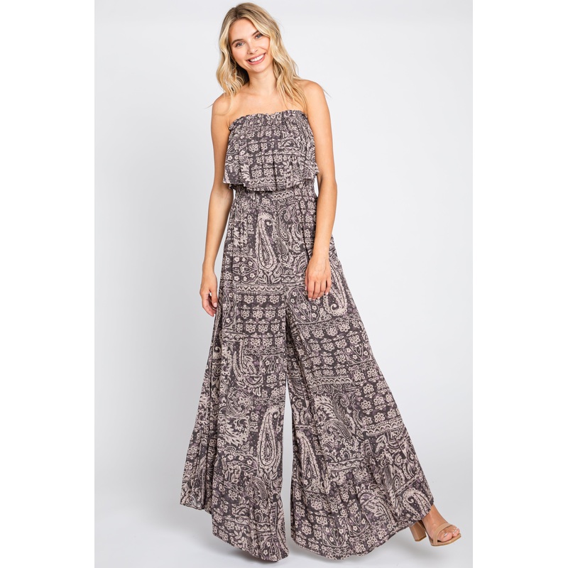 Blue Paisley Strapless Ruffle Wide Leg Jumpsuit