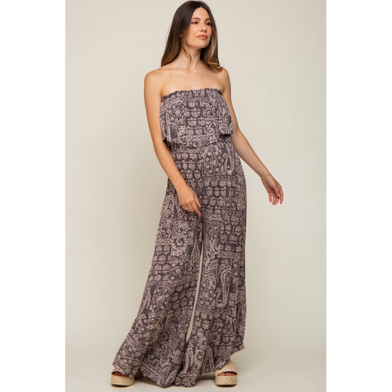 Blue Paisley Strapless Ruffle Wide Leg Maternity Jumpsuit
