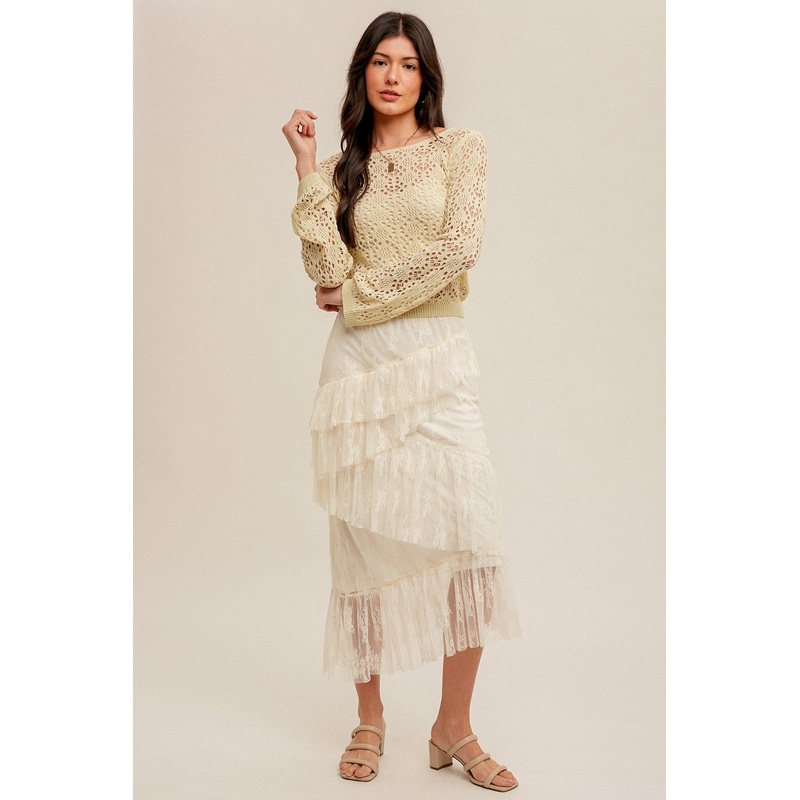 Cream Asymmetrical Tiered Lace Skirt