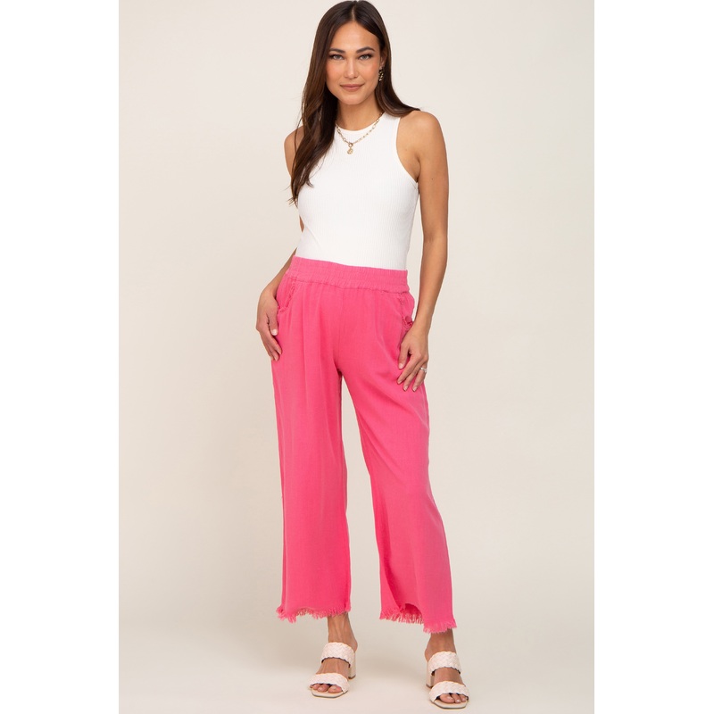 Fuchsia Linen Frayed Hem Crop Maternity Pants
