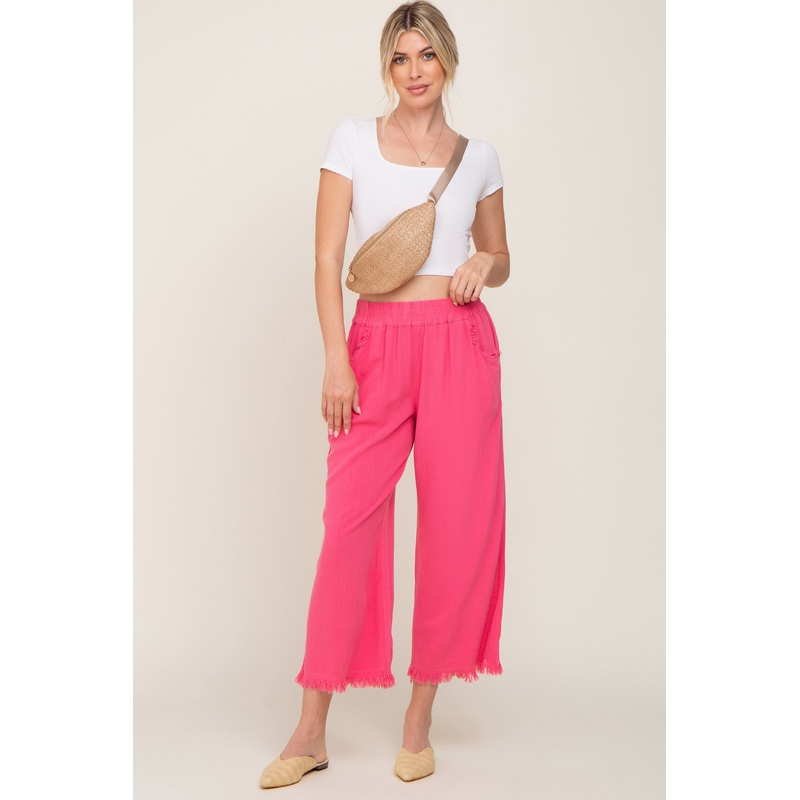 Fuchsia Linen Frayed Hem Crop Pants