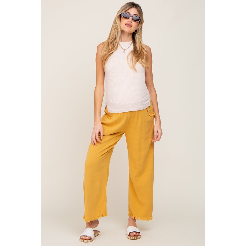 Gold Linen Frayed Hem Crop Maternity Pants