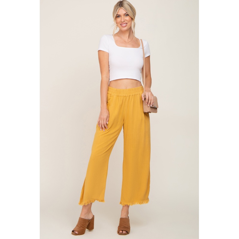 Gold Linen Frayed Hem Crop Pants